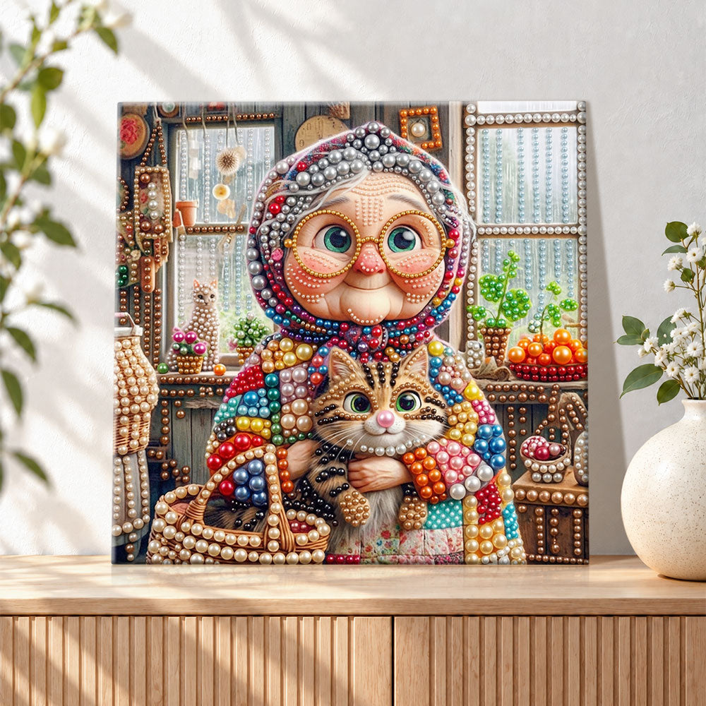 Finished charming granny holding cat pearl diamond painting artwork displayed as holiday home decor