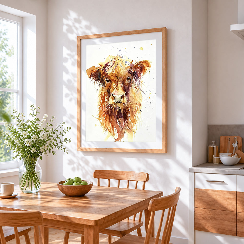 Charming highland cow cross stitch artwork displayed on wall as home decor