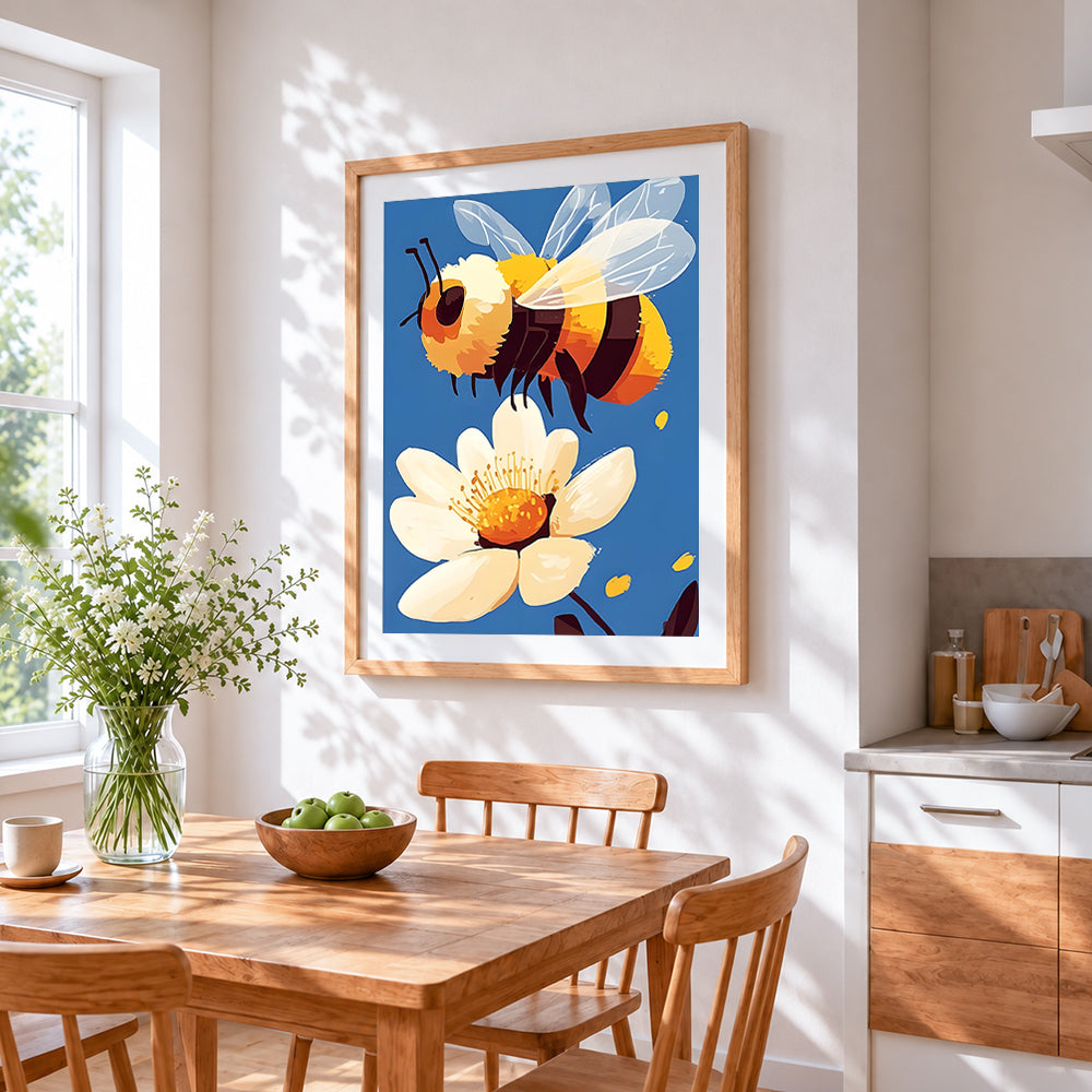 Cheerful bumblebee and white blossom cross stitch artwork displayed on wall as home decor