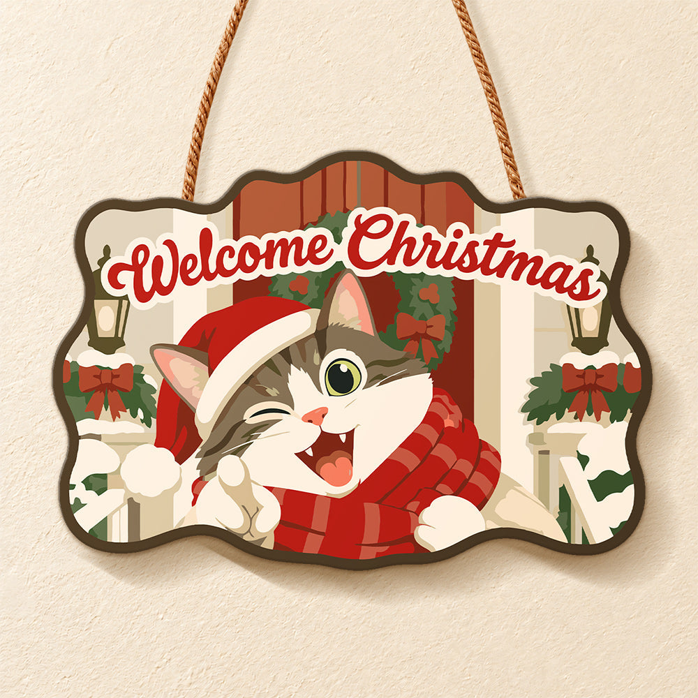 Cheerful cat holiday paint by numbers door hanger finished design