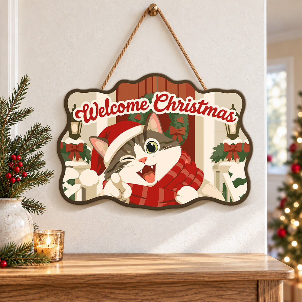 Cheerful cat holiday paint by numbers door hanger as indoor wall decor