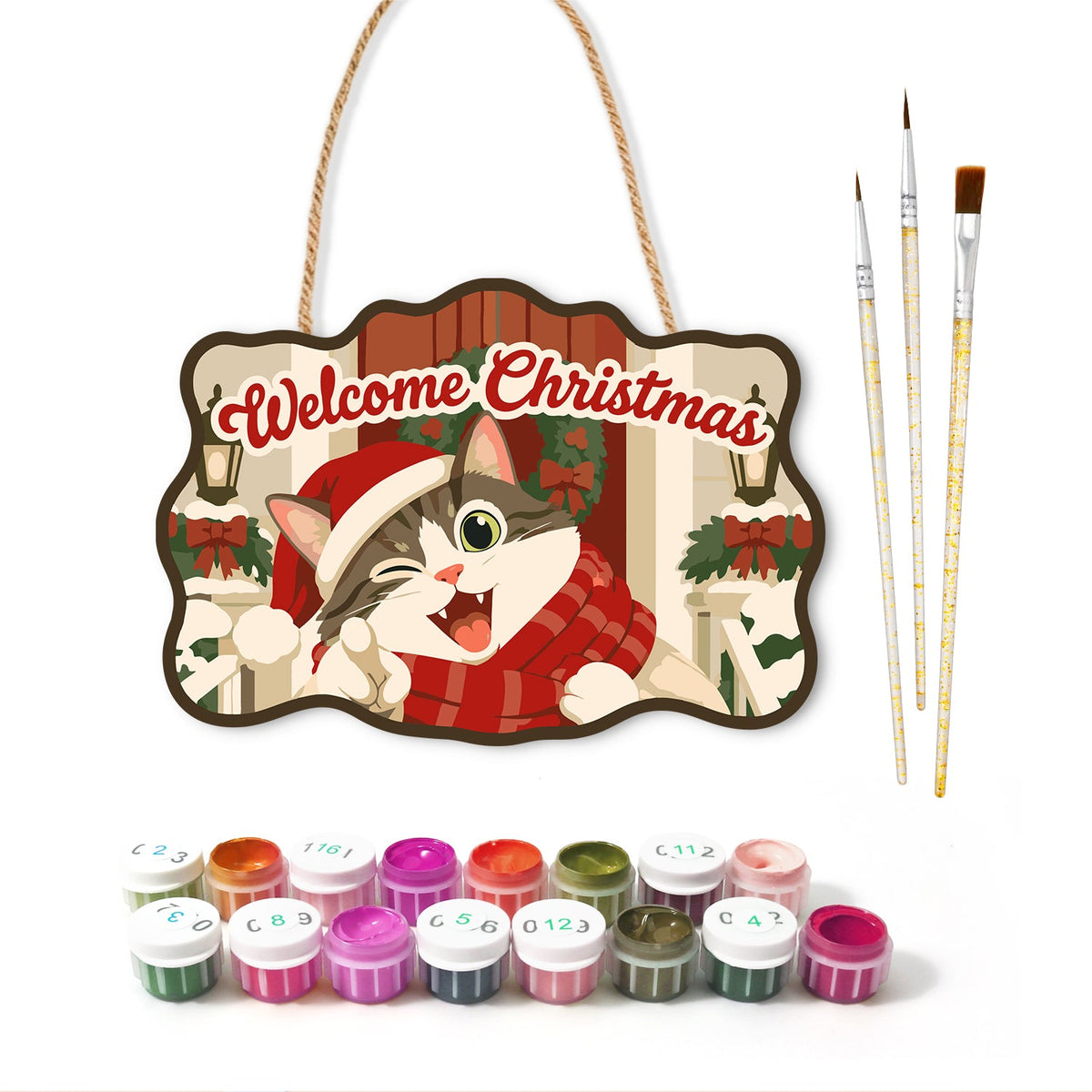 Cheerful cat holiday paint by numbers door hanger with paints and brushes