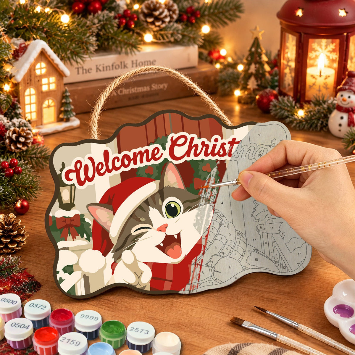 Cheerful cat holiday paint by numbers door hanger painting process