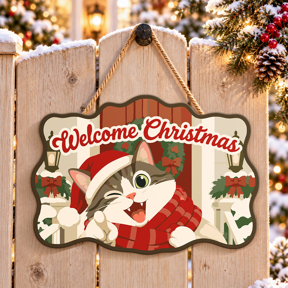 Cheerful cat holiday paint by numbers door hanger on a garden gate