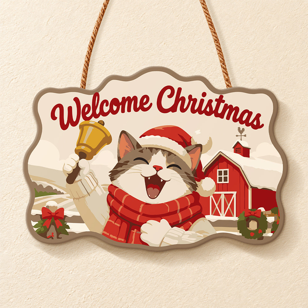 Cheerful cat with christmas bell paint by numbers door hanger finished design