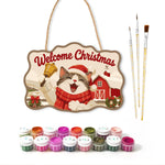 Cheerful cat with christmas bell paint by numbers door hanger with paints and brushes