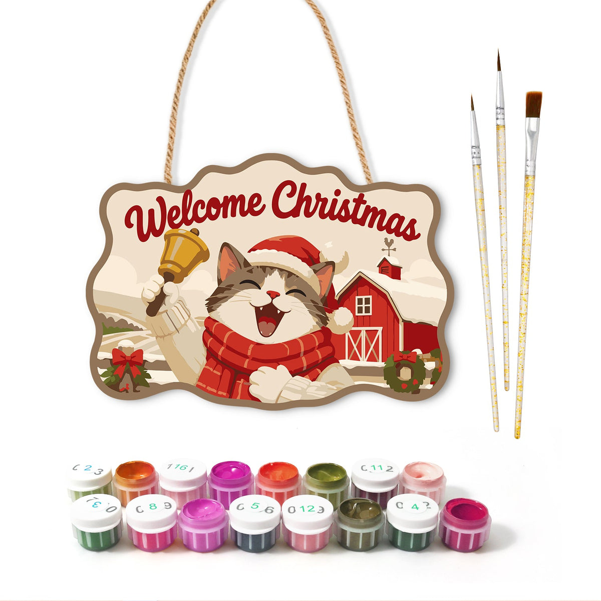 Cheerful cat with christmas bell paint by numbers door hanger with paints and brushes
