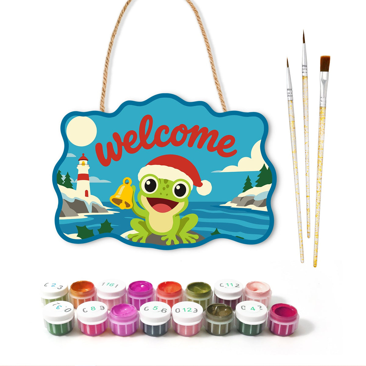 Cheerful frog welcome paint by numbers door hanger with paints and brushes