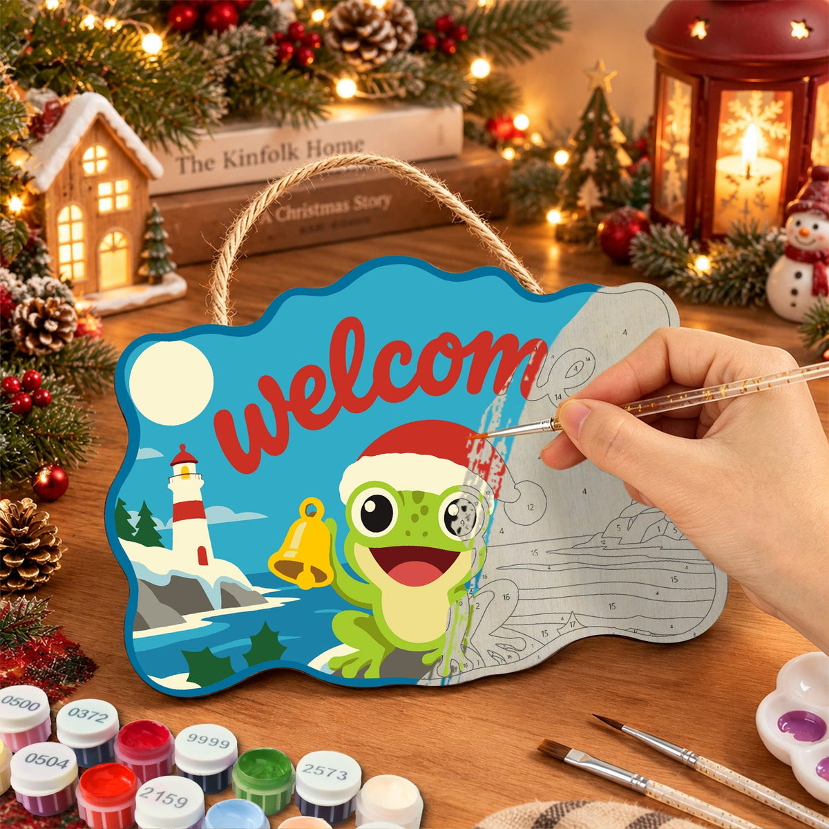 Cheerful frog welcome paint by numbers door hanger painting process