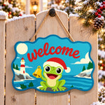 Cheerful frog welcome paint by numbers door hanger on a garden gate