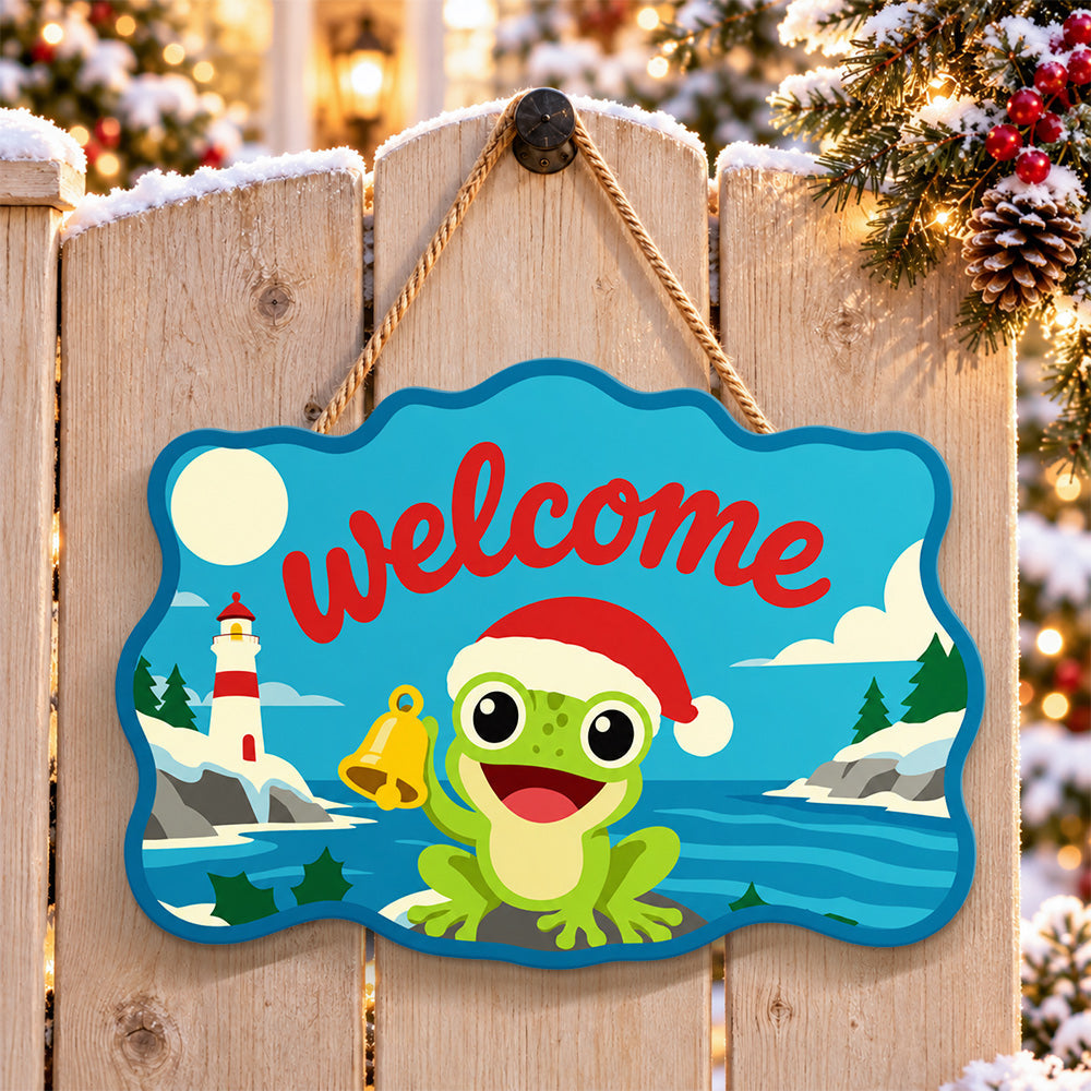 Cheerful frog welcome paint by numbers door hanger on a garden gate