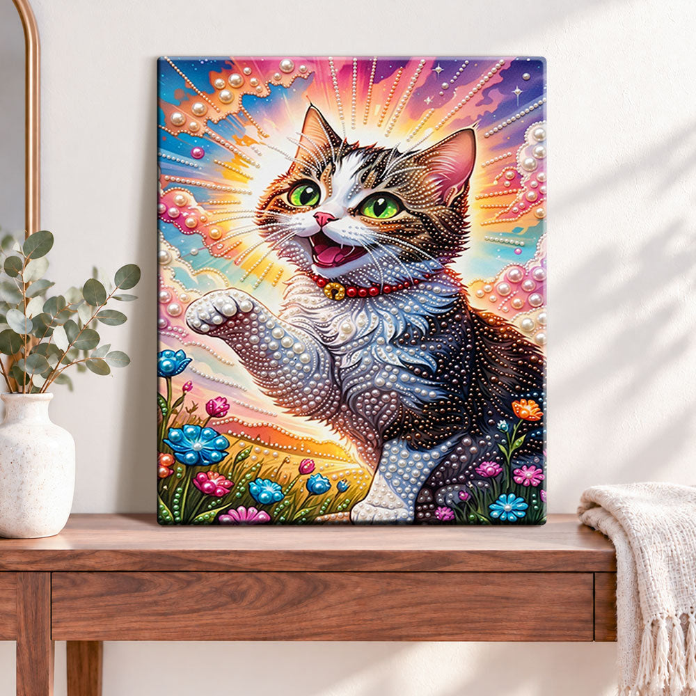 Finished cheerful kitten glow pearl diamond painting artwork displayed as home decor