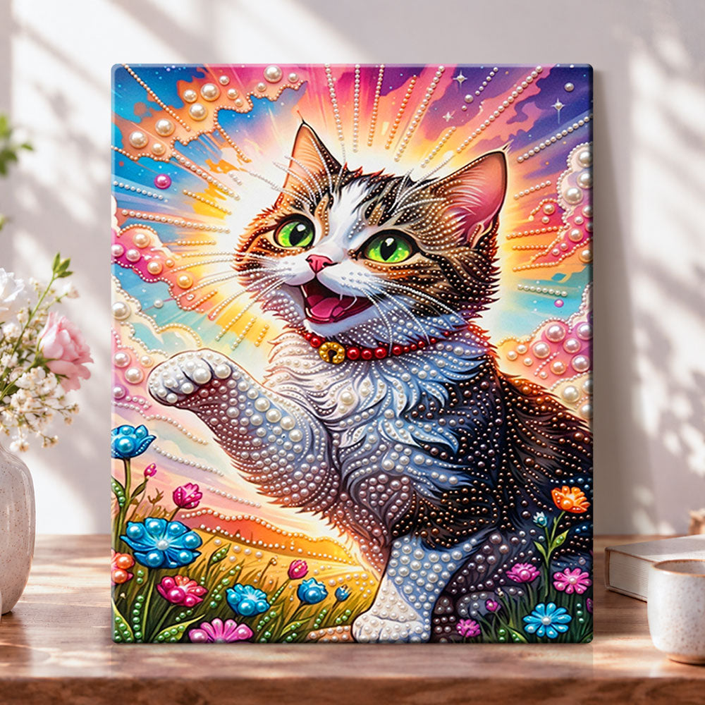 Cheerful kitten glow pearl diamond painting kit for beginners