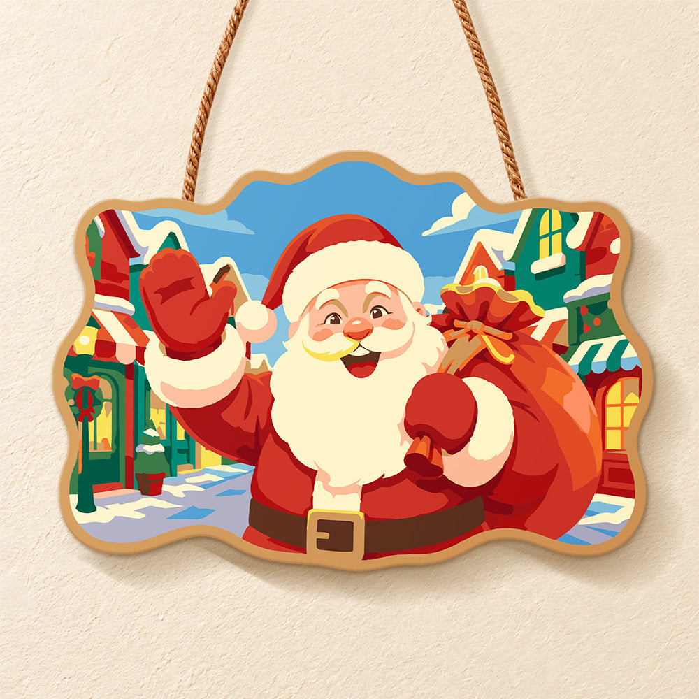 Cheerful santa in christmas town paint by numbers door hanger finished design