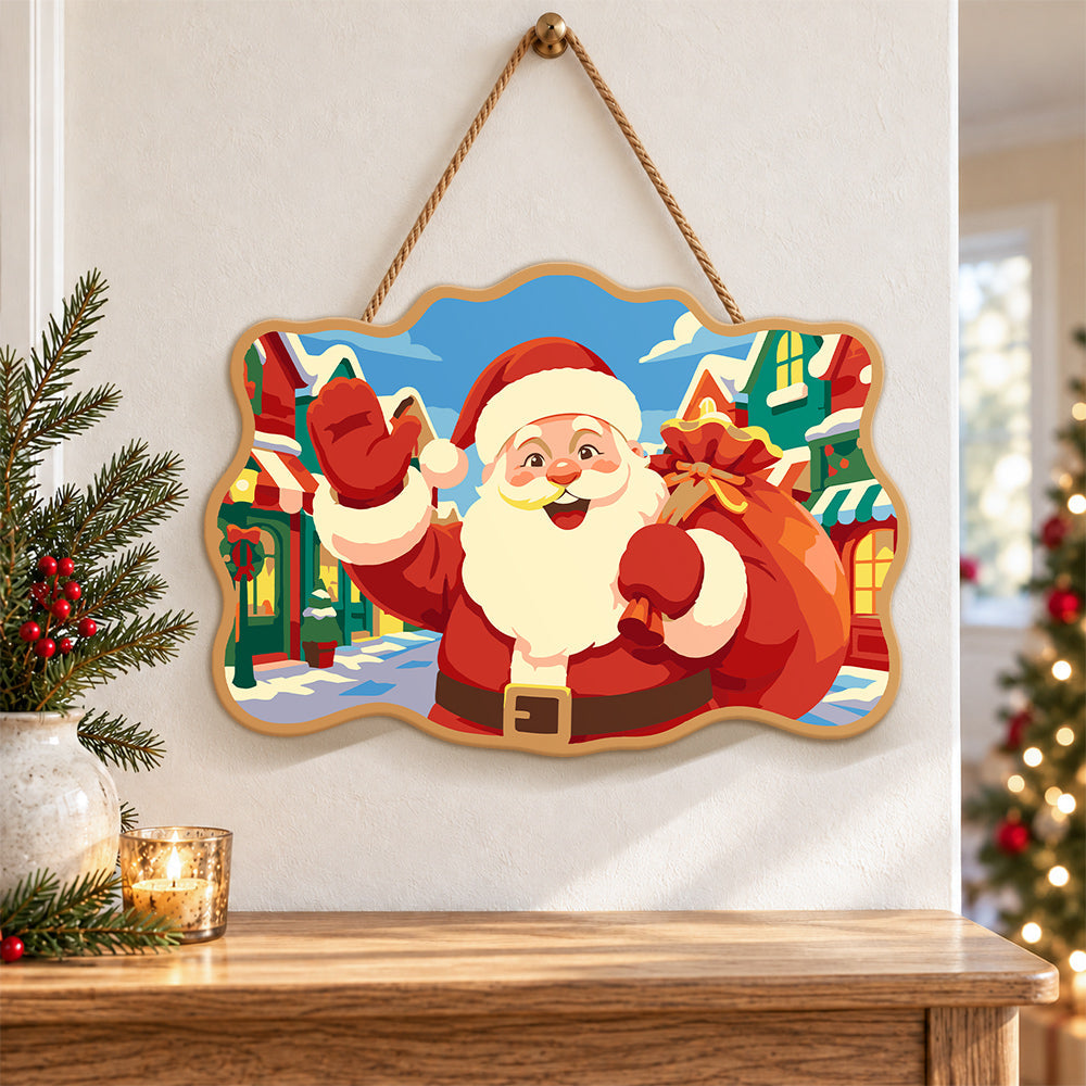 Cheerful santa in christmas town paint by numbers door hanger as indoor wall decor