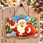 Cheerful santa in christmas town paint by numbers door hanger on a garden gate