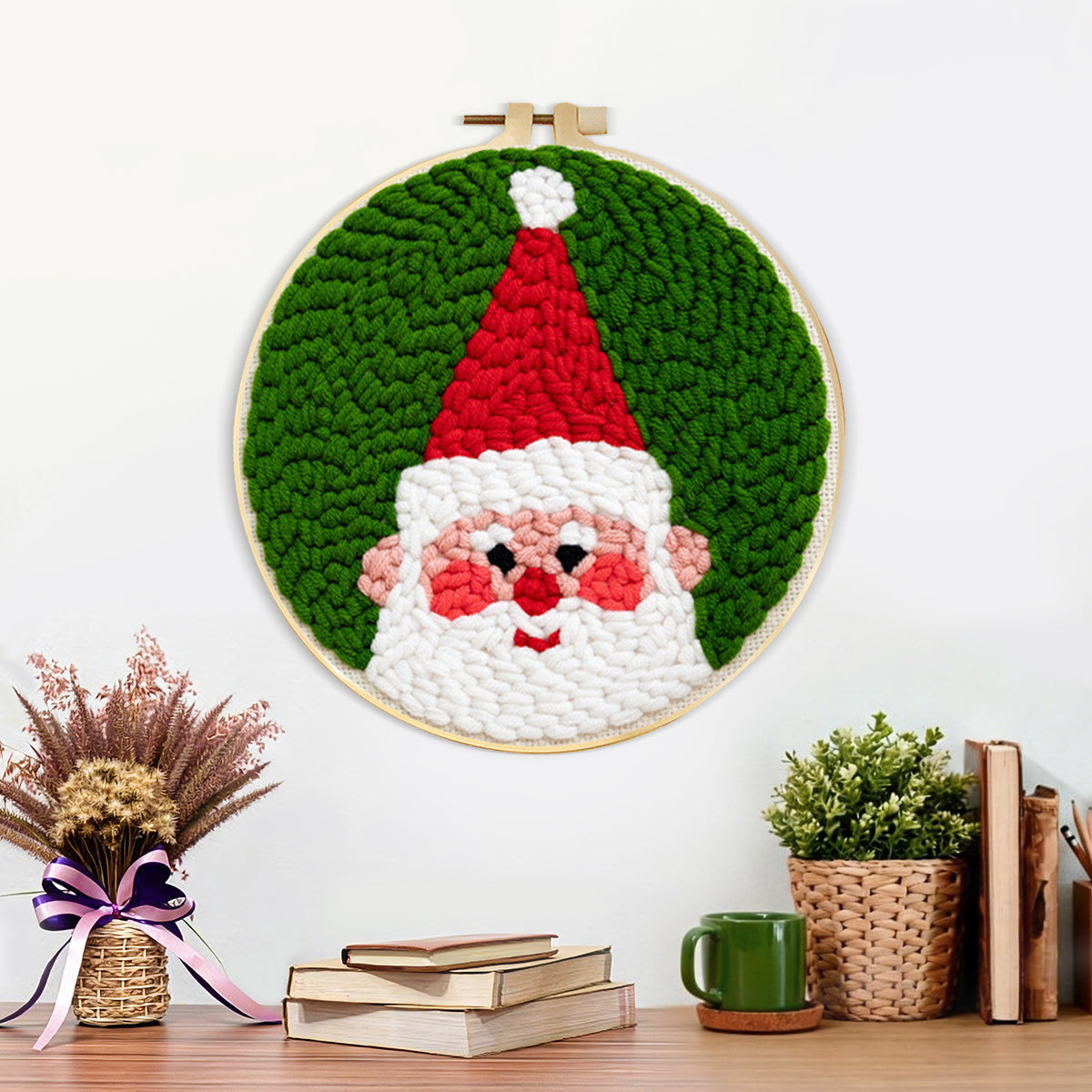 Finished cheerful santa portrait artwork displayed on a wall