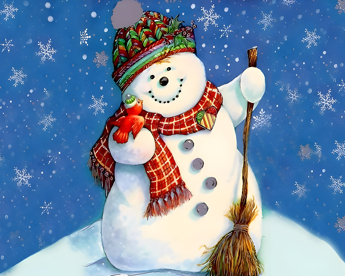 Cheerful snowman with broom cross stitch kit for beginners