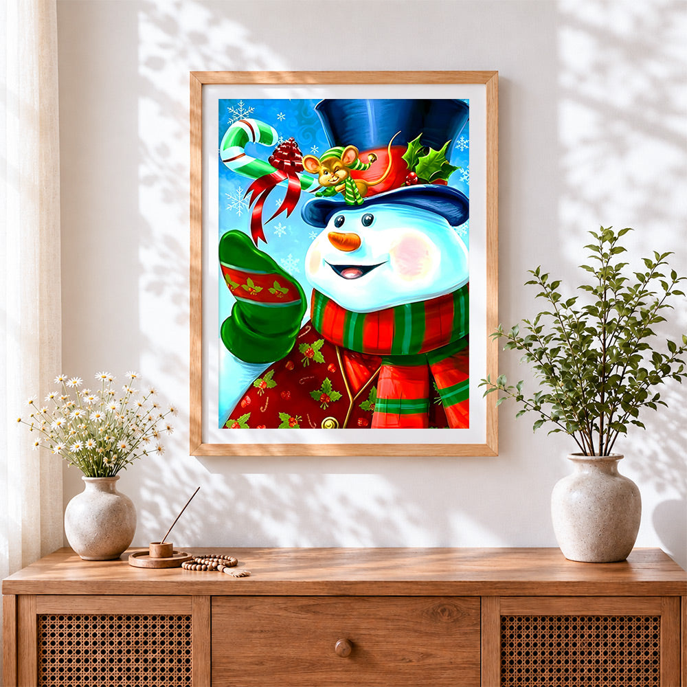 Finished cheerful snowman with top hat cross stitch artwork displayed