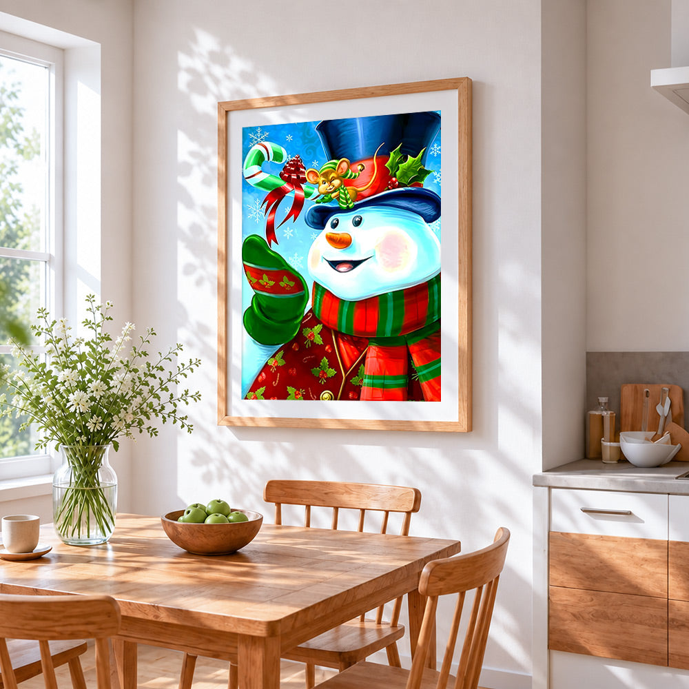 Cheerful snowman with top hat cross stitch artwork displayed on wall as home decor
