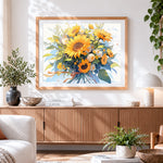 Finished cheerful sunflower bouquet paint by numbers artwork displayed as home decor