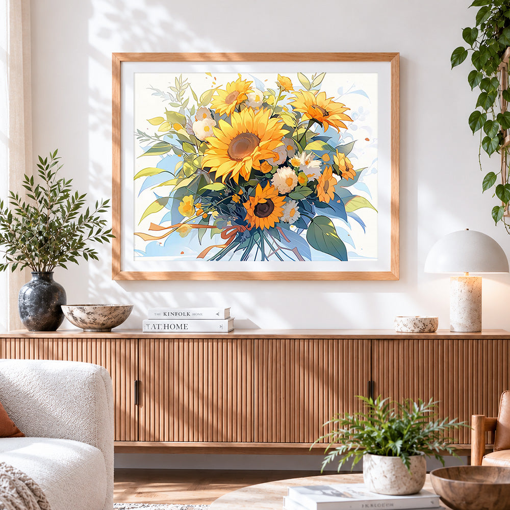 Finished cheerful sunflower bouquet paint by numbers artwork displayed as home decor