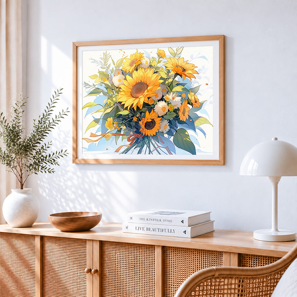 Cheerful sunflower bouquet paint by numbers artwork displayed on wall as home decor