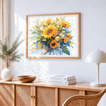 Cheerful sunflower bouquet paint by numbers artwork displayed on wall as home decor