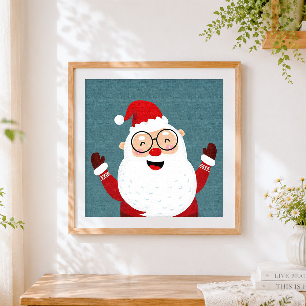 Finished cheering santa claus with glasses cross stitch artwork displayed