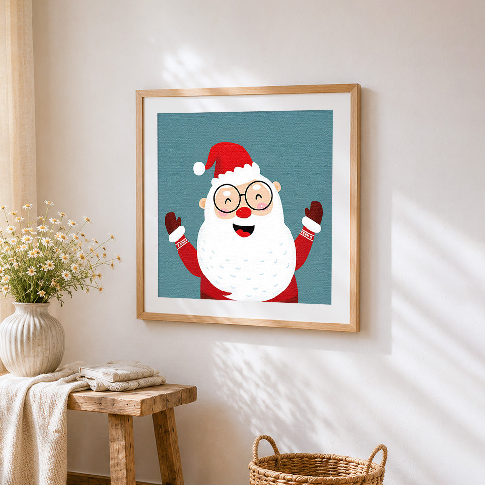Cheering santa claus with glasses cross stitch artwork displayed on wall as home decor