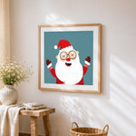 Cheering santa claus with glasses cross stitch artwork displayed on wall as home decor