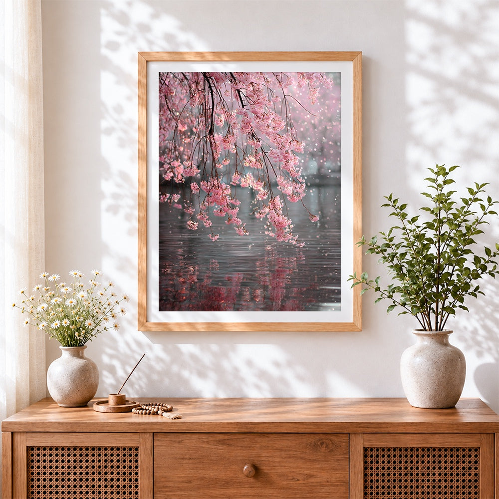Finished cherry blossom branches over water cross stitch artwork displayed