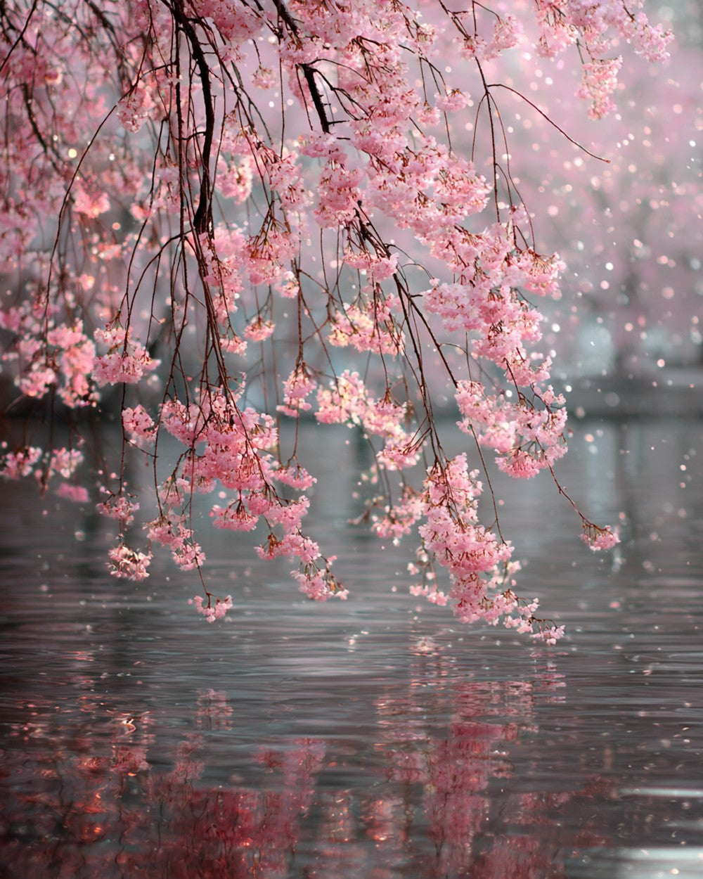 Cherry blossom branches over water cross stitch kit for beginners