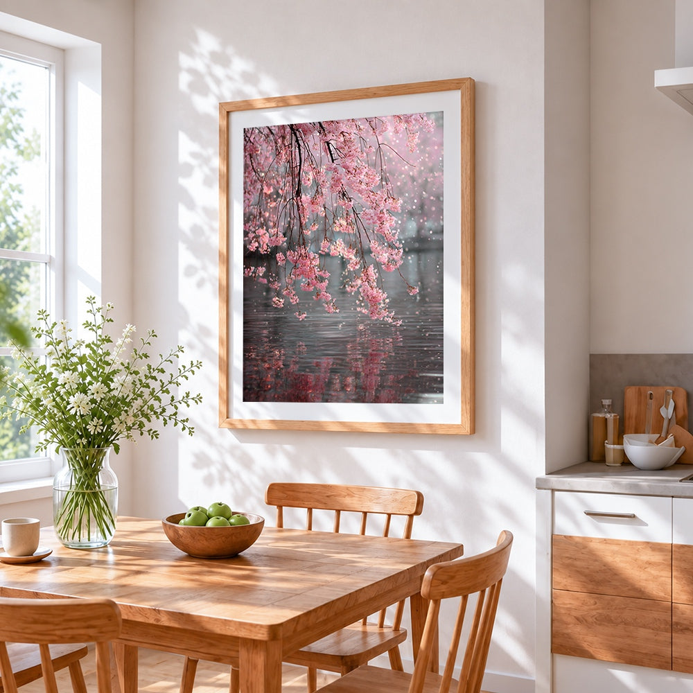 Cherry blossom branches over water cross stitch artwork displayed on wall as home decor