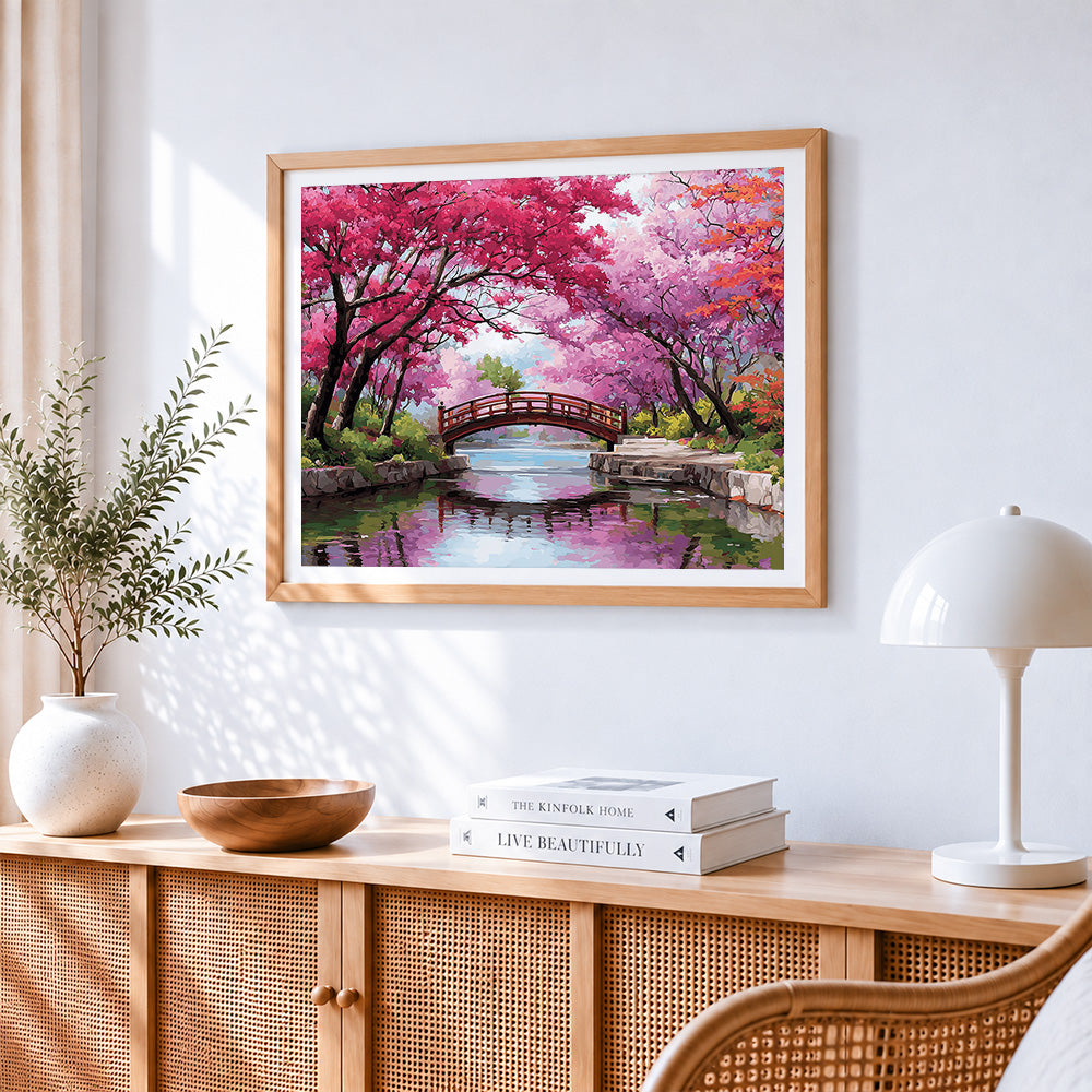 Cherry blossom bridge paint by numbers artwork displayed on wall as home decor