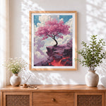Finished cherry blossom tree on a cliff cross stitch artwork displayed
