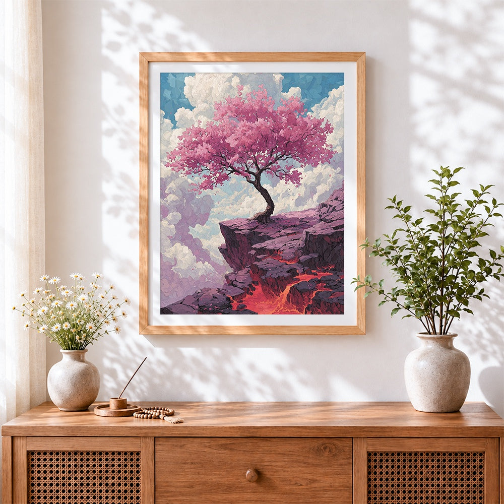 Finished cherry blossom tree on a cliff cross stitch artwork displayed