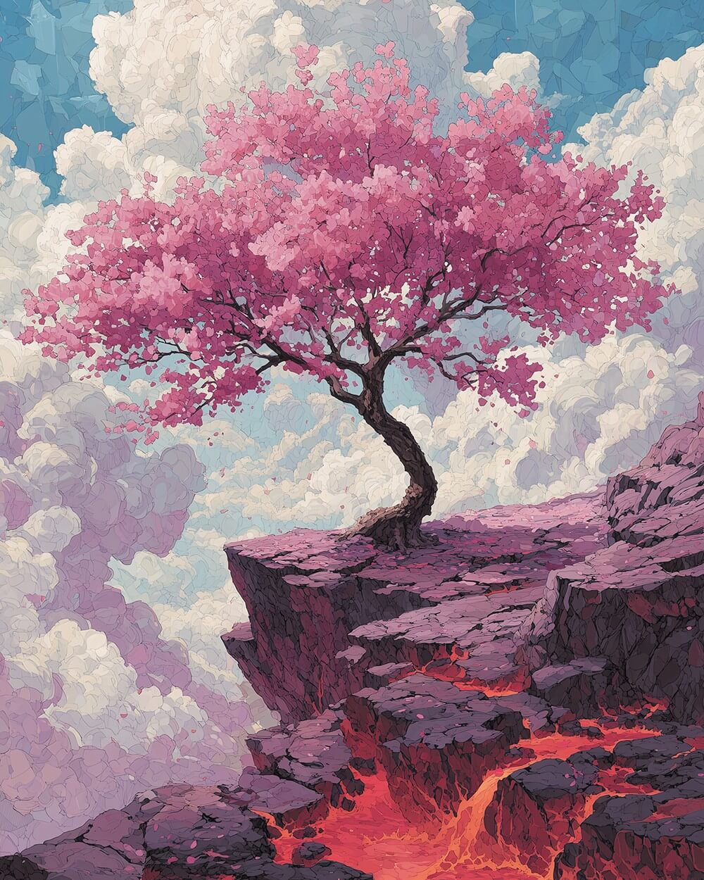 Cherry blossom tree on a cliff cross stitch kit for beginners