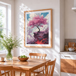 Cherry blossom tree on a cliff cross stitch artwork displayed on wall as home decor