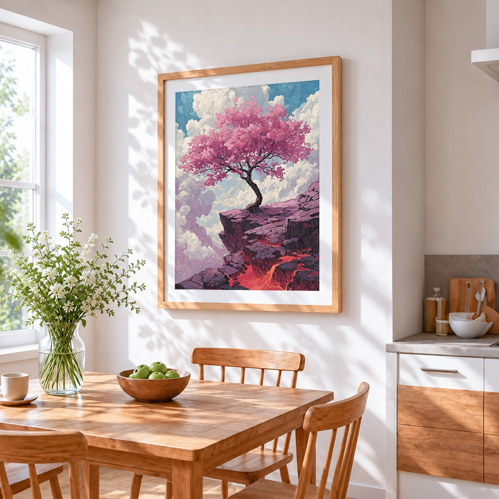 Cherry blossom tree on a cliff cross stitch artwork displayed on wall as home decor