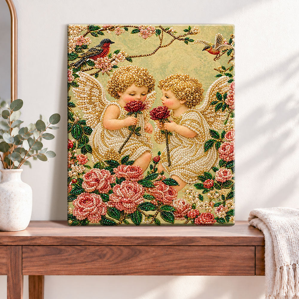 Finished cherubs with roses pearl diamond painting artwork displayed as home decor