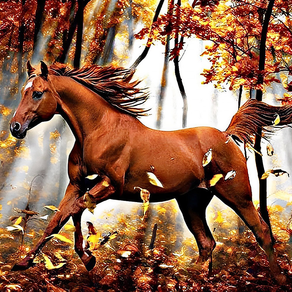 Chestnut horse running in autumn forest cross stitch kit for beginners