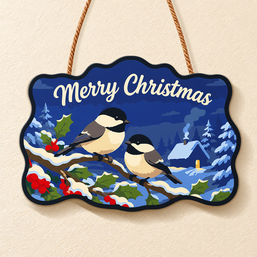 Chickadee winter christmas paint by numbers door hanger finished design