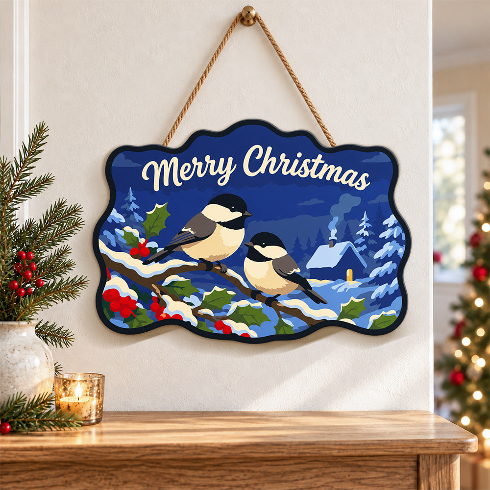 Chickadee winter christmas paint by numbers door hanger as indoor wall decor