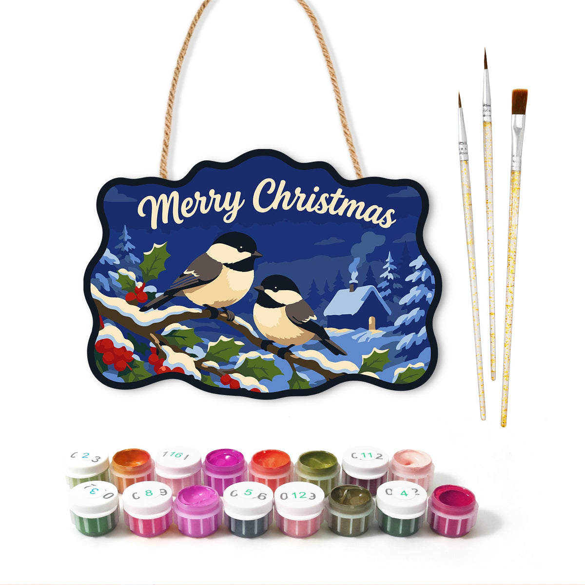 Chickadee winter christmas paint by numbers door hanger with paints and brushes
