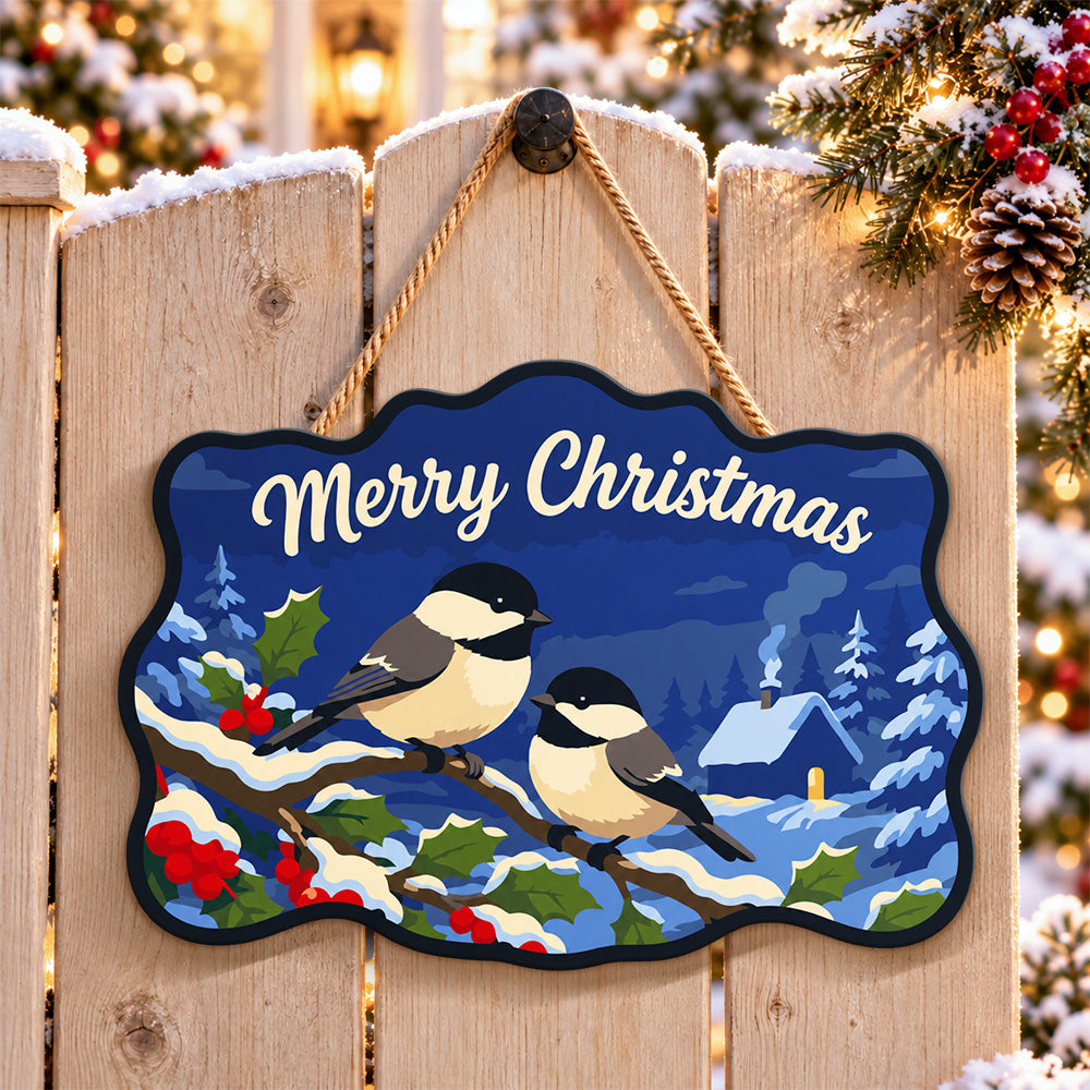 Chickadee winter christmas paint by numbers door hanger on a garden gate