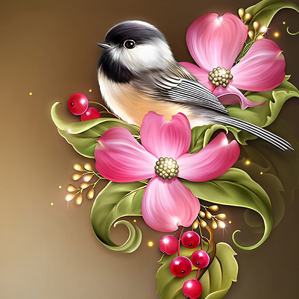 Chickadee with pink flowers cross stitch kit for beginners