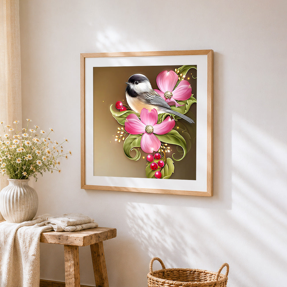 Chickadee with pink flowers cross stitch artwork displayed on wall as home decor