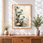 Finished chickadees and autumn mushrooms cross stitch artwork displayed