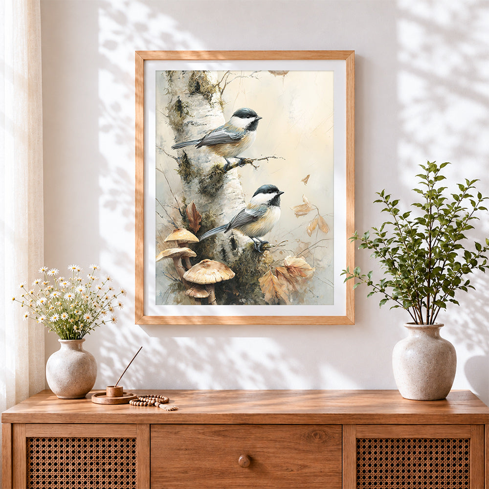 Finished chickadees and autumn mushrooms cross stitch artwork displayed